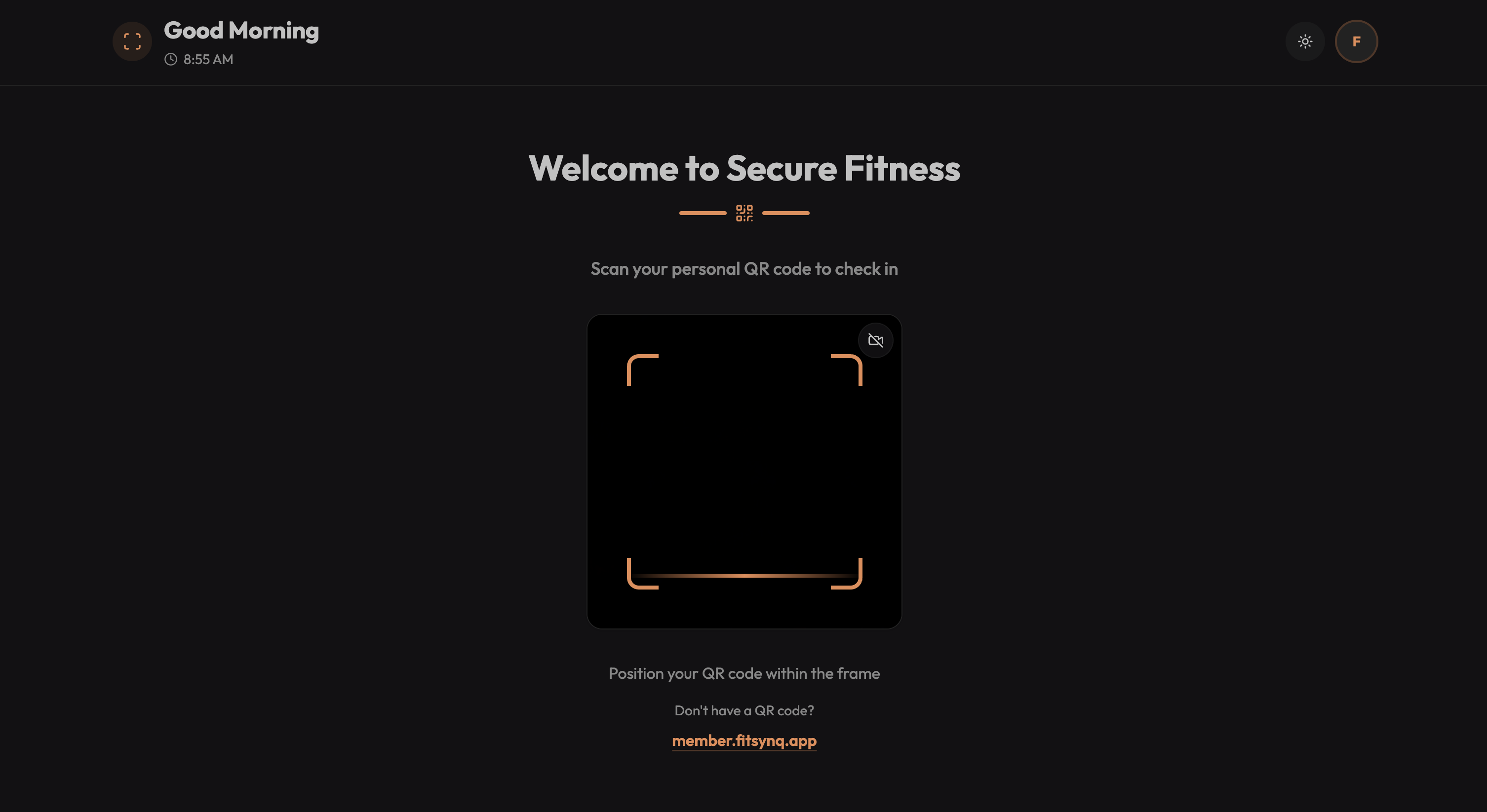 FitSynQ Check-in Kiosk showing camera and barcode scanner modes